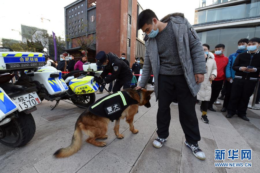 12月4日，市民在合肥市包河区警营开放日活动现场和警犬互动。当日，合肥市包河区举办警营开放日活动，现场设立多个主题互动展区，市民可以近距离接触警务装备，进行警种业务咨询，并参与趣味知识竞答等活动。新华社记者 周牧 摄